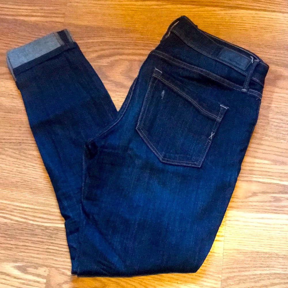Express Mid Rise Dark Wash Distressed Skinny Jeans